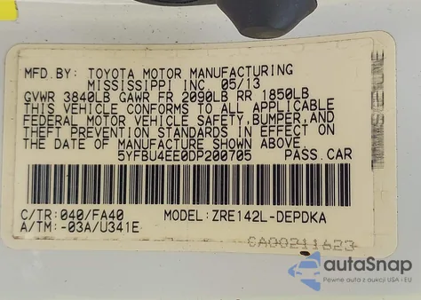 2013 Toyota Corolla L from USA, damaged, VIN 5YFBU4EE0DP200705
